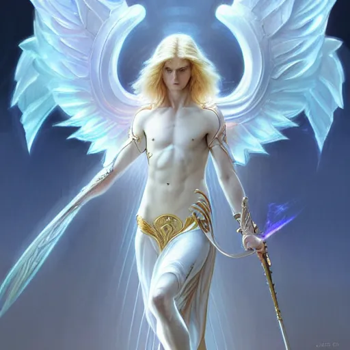 Image similar to the pale blond male angel of battle lucius wearing a white periwinkle, sci fi, glowing eyes, volumetric lights, gold theme, art nouveau botanicals, intricate, highly detailed, digital painting, artstation, concept art, smooth, sharp focus, cinematic, illustration, beautiful face, art by artgerm and greg rutkowski and alphonse mucha