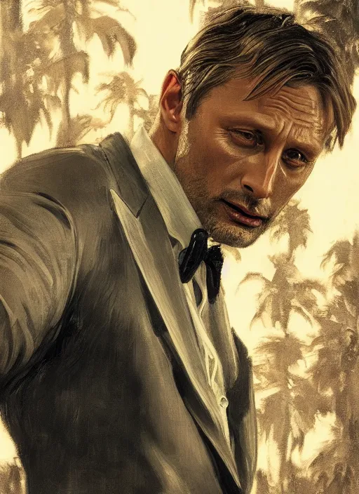 Prompt: portrait of mads mikkelsen as james bond, key art, palm trees, vintage aston martin, highly detailed, digital painting, artstation, concept art, cinematic lighting, sharp focus, illustration, by gaston bussiere alphonse mucha