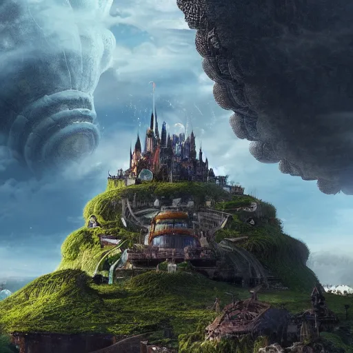 Image similar to giant tortoise walking with a large fantasy castle rising growing from the top of it, distant shot birds eye view, fantasy, hyper detailed, 4 k, howls moving castle, mortal engines,