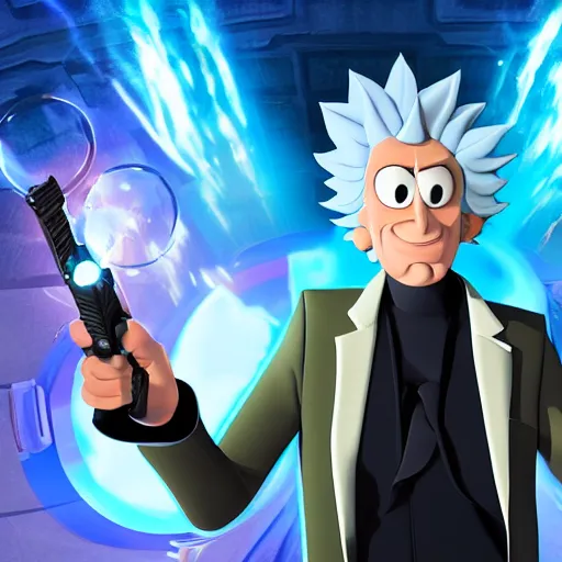 Image similar to Rick Sanchez as a real-life person, studio portrait, real-life-action movie star, holding a portal gun, opening a portal, Rick Sanchez