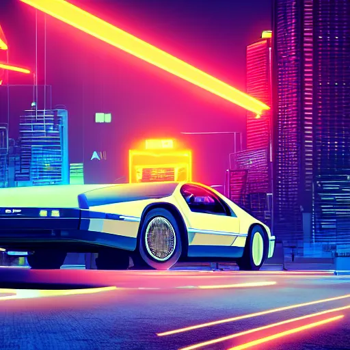 Prompt: digital art of a futuristic neon city sharp photorealistic octane render, bokeh in the background only, a in futuristic delorean hover in the foreground, deep perspective