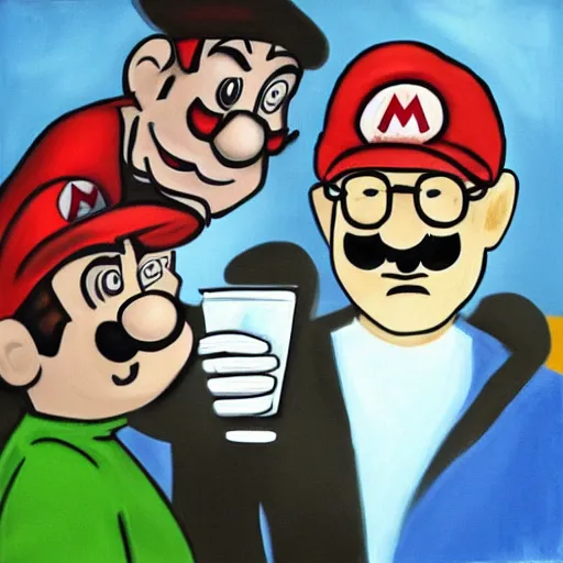 Prompt: mario, walter white, and obama sharing a brew together, oil painting