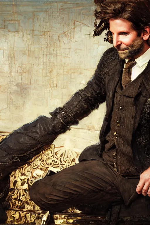 Prompt: bradley cooper, steampunk, cool tint, orientalist intricate portrait by john william waterhouse and edwin longsden long and theodore ralli and nasreddine dinet, hyper realism, dramatic lighting