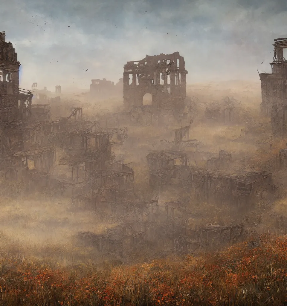 Prompt: rusty broken building constructions of a giant staircase, the ruins, in the steppe, autumn field, misty background, from the game pathologic 2, matte painting, by isaac levitan and asher brown durand,