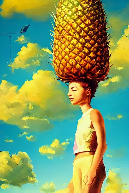 Image similar to closeup, giant pineapple head, girl in djungle, surreal photography, golden hour, colorful clouds, impressionist painting, digital painting, artstation, simon stalenhag