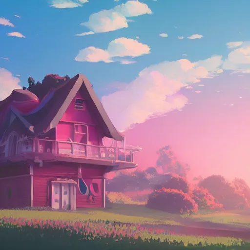 Prompt: a pink house in the sky, clouds, lush, studio ghibli, sylvain sarrailh, cinematic light, majestic, concept art, volumetric lighting, magic atmospheric, 8 k, wide angle, epic composition, award winning, artstation