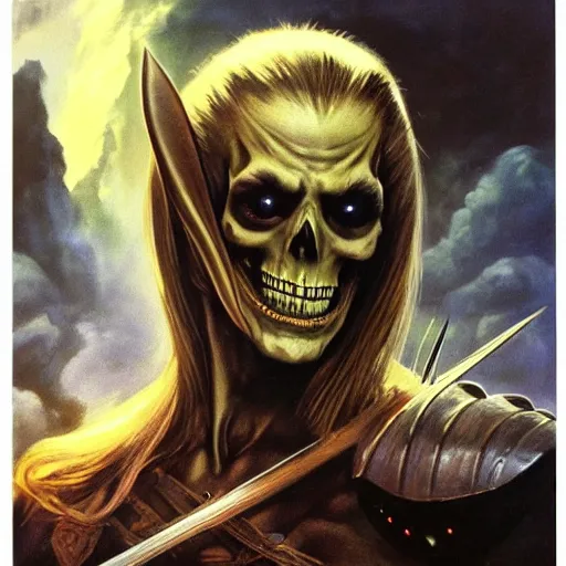 Image similar to ultra realistic portrait painting of skeletor as legolas, art by frank frazetta, 4 k, ultra realistic, highly detailed, epic lighting