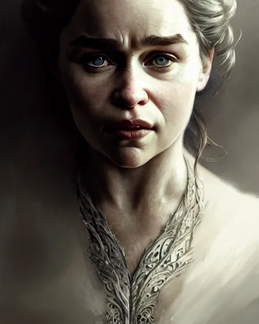 Image similar to emilia clarke, character portrait, portrait, close up, concept art, intricate details, highly detailed by greg rutkowski, michael whelan and gustave dore