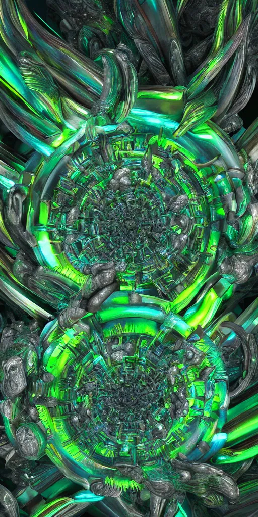 Prompt: 3 d photographic render of mandelbulb sculpture, neon circles, chrometype, made of liquid metal, neotribal with thorns and green thunders, cyberpunk, raytracing, hyper realistic, volumetric lightning, 8 k, by zhelong xu and ouchh studio