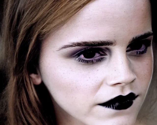 Prompt: color shot of emma watson, goth style 2 0 0 0 close up, detailed