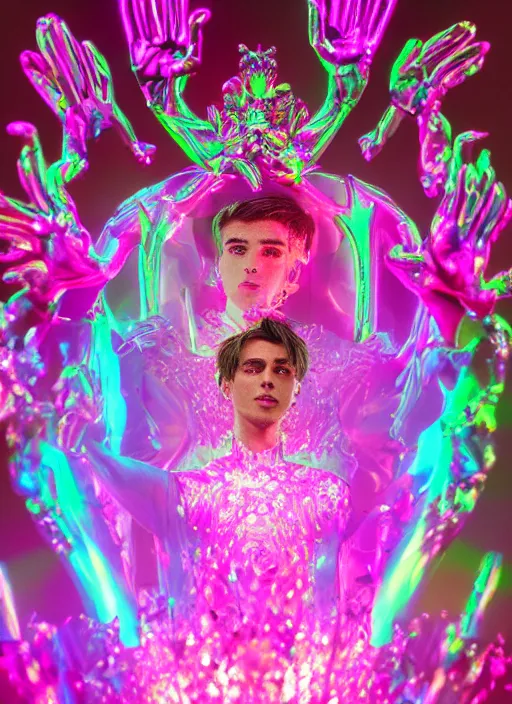 Prompt: photo of baroque and bladerunner delicate neon emerald sculpture of seductive prince adrien sahores pink iridescent humanoid deity wearing metallic jungle leaves, crystal tigers, glowing rainbow lights, crown made of hands, cinematic lighting, photorealistic, octane render 8 k depth of field 3 d
