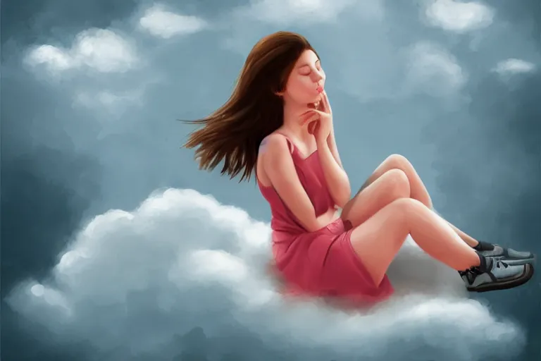 Image similar to a cute beautiful girl sitting on a cloud relaxing, digital painting, portrait