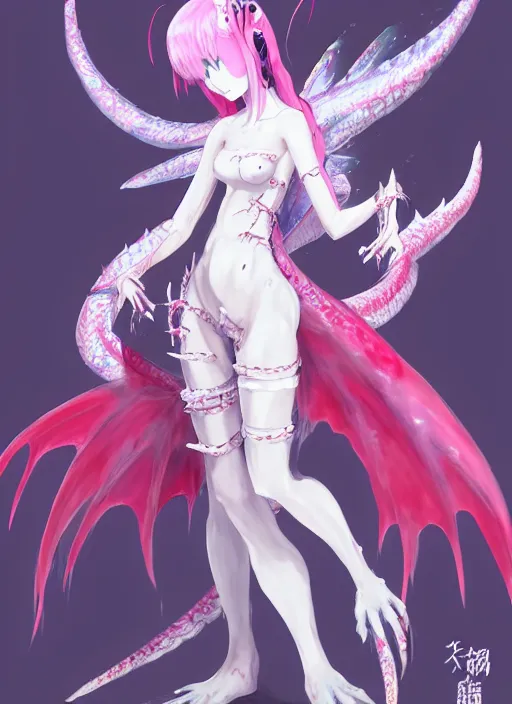 Prompt: concept art of a dragon angel slime monster girl wearing a intricate outfit japanese harajuku street fashion, gapmoe yandere grimdark, dragon tail, long tail. butterfly trending on pixiv fanbox, painted by greg rutkowski makoto shinkai takashi takeuchi studio ghibli, akihiko yoshida