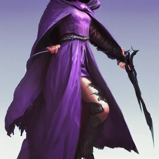 Image similar to full body, female warlock long hood cloak purple, fighting monster with magic, 8 k, trending on artstation by tooth wu and greg rutkowski