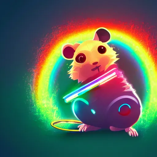 Image similar to cyberpunk hamster! holding rainbow! gem! crystal, neon lights, light reflection, logo, 8 k, hd