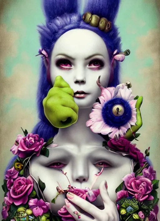 Image similar to pop surrealism, lowbrow art, realistic shrek!!!!!!!!!!!!!!!!!!! painting, japanese street fashion, hyper realism, muted colours, rococo, natalie shau, loreta lux, tom bagshaw, mark ryden, trevor brown style,