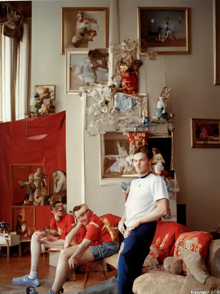 Image similar to olympic russian athlete young man posing in his living room, his grandparents are sitting on the coach behind him, kodachrome photograph by Russian painter master, oil on canvas, 1987.