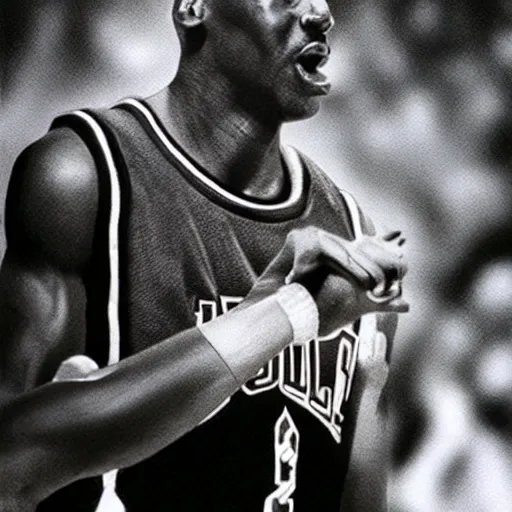 Image similar to Michael Jordan holds a mic at Jordan, highly detailed, photo realistic