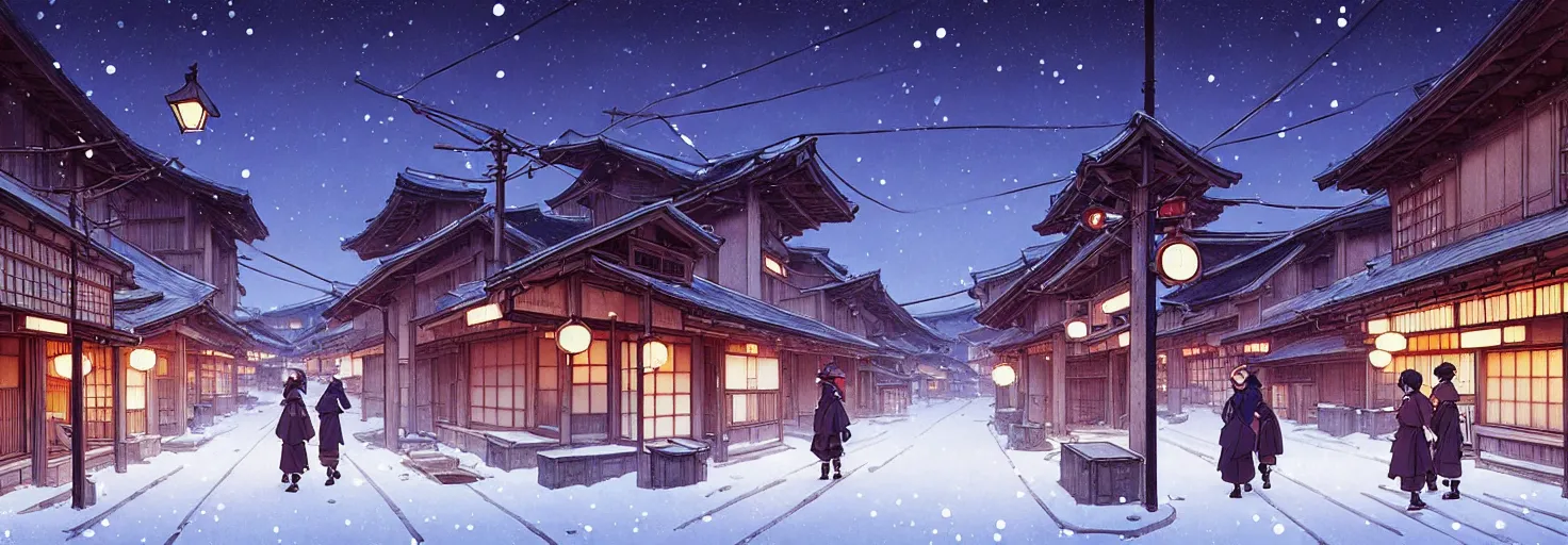 Image similar to empty rural japanese town at night, winter, in the style of studio ghibli, j. c. leyendecker, greg rutkowski, artem