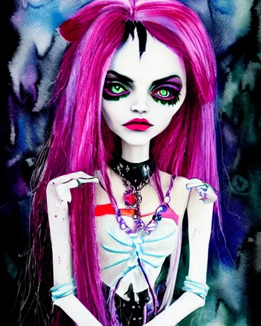 Image similar to colorful pencil portrait of monster high draculaura doll, by sabrina eras, alice x. zhang, agnes - cecile, blanca alvarez, very detailed, watercolor