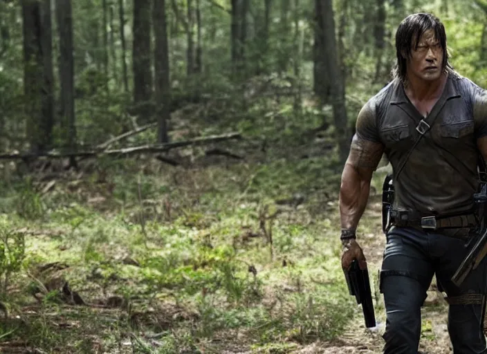 Prompt: film still of dwayne the rock johnson as daryl dixon in the new walking dead tv series, 4 k