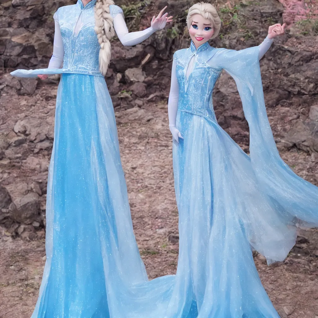 Image similar to elsa is wearing a cheongsam, frozen, disney style, full body.