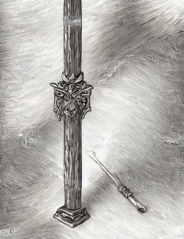 Image similar to medium shot of an ornate wooden staff, fantasy illustration, medieval era, blank background, studio lighting, hand - drawn digital art