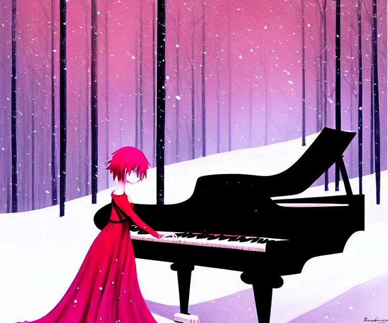 Prompt: a painting of a beautiful face gothic girl, pink hair in a stunning red dress playing a piano in the dark snowy forestby randolph stanley hewton, cg society contest winner, matte painting studio ghibli, fantasy, medium shot, asymmetrical, intricate, elegant, matte painting, illustration