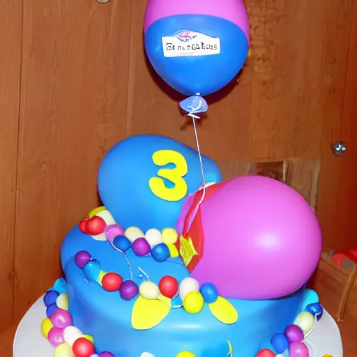 Image similar to a giant birthday cake with plenty of birthday balloons surrounding it