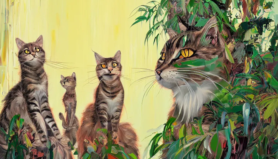 Prompt: highly detailed contemporary acrylic painting of really tall sitting cats by greg tocchini, thick brush strokes and visible paint layers, dense overgrown forest background, vivid pastel color scheme