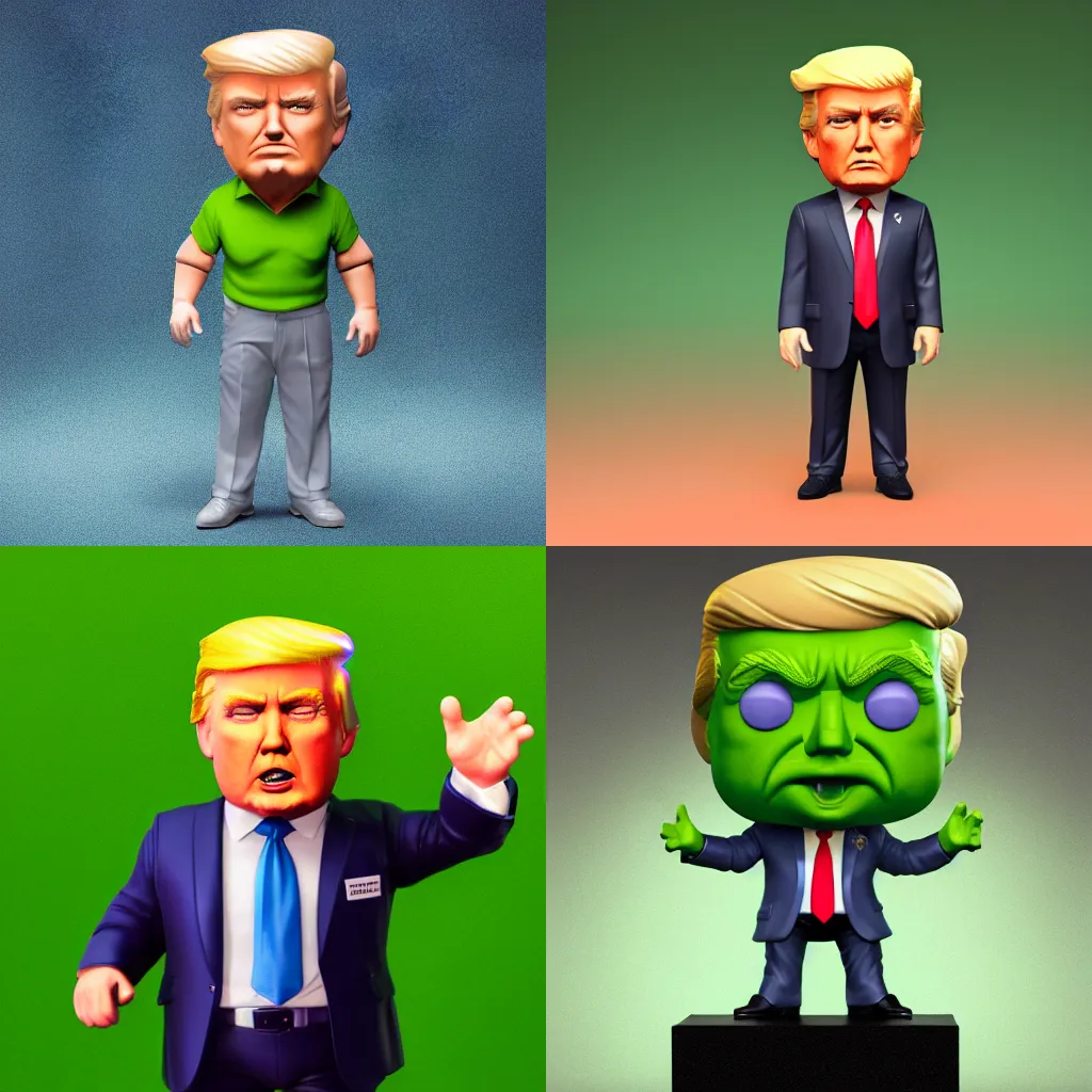 Prompt: full body 3d render of donald trump as a funko pop, studio lighting, green background, single person, no shadow, blender, trending on artstation, 8k, highly detailed