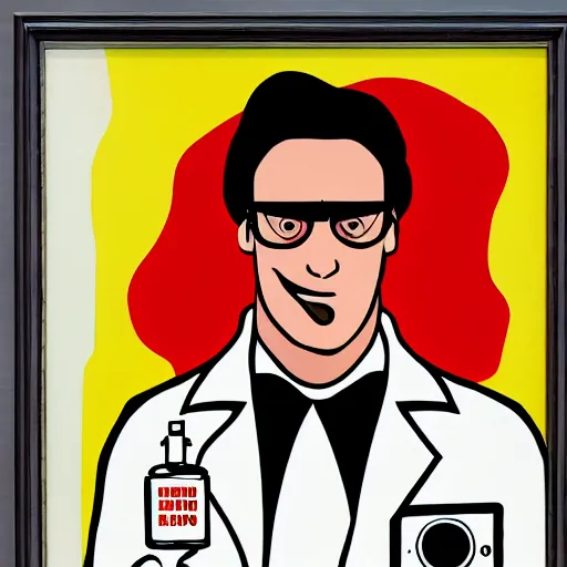 Image similar to a burning chemist in a white coat, modern pop art