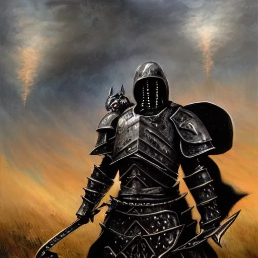 Image similar to a death knight in armor with a large sword, standing victorious in the middle of a battlefield, nightmarish background, ominous sky, in the style of michael whelan, oil on canvas,