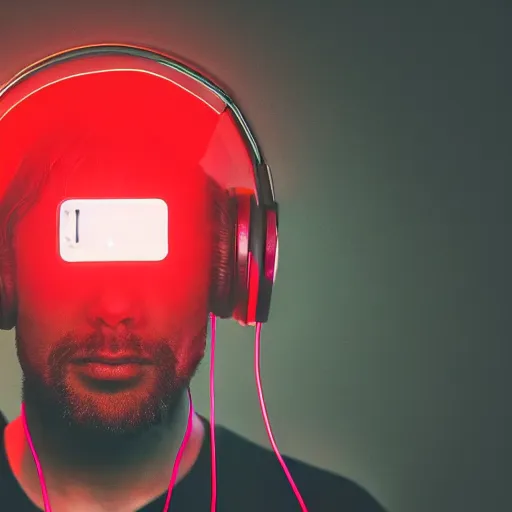 Image similar to a man, in red and blue spotlights, holds on to the headphones on his head, he wears dark visors, cyber songman, cyberpunk style portrait