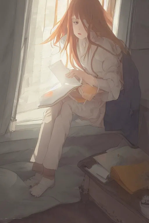 Prompt: a teenage girl in a jk uniform outfit in the bedroom reading a book in a night, raining outside the window, grey and orange theme ， wavy white long hair, by krenz cushart and mucha and akihito yoshida and greg rutkowski and makoto shinkai, detailed eyes, 4 k resolution