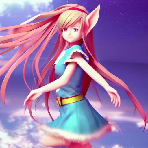 Prompt: Foreground: Render of a very beautiful 3d anime girl, elf girl, full body, long hair, full round face, short smile, cute dress, medium shot, mid-shot, cinematic lightning, high detail, artstation; Background: detailed low poly wallpaper, vibrant colors, HDR, hd, uhd, 4k, 8k wallpaper