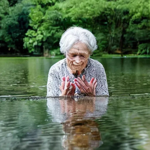 Prompt: an elderly woman reaching down to a reflection of her younger self while a ripple can be seen in the water.