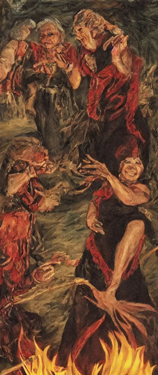 Image similar to grandma witches dancing around a fire with old skin and muscle and fat and blood