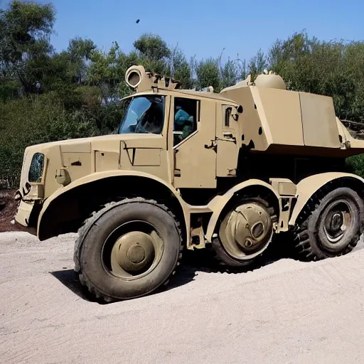 Image similar to armored tractor mounted with AGM-88 missiles