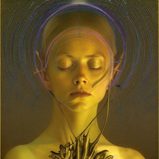 Prompt: Woman masterpiece, Avril Lavigne, yellow, golden halo behind her head, wires everywhere, by Edgar Maxence and Ross Tran, Zdzisław Beksiński, and Michael Whelan, distant, gustav dore, H.R. Giger, 8k, octane render