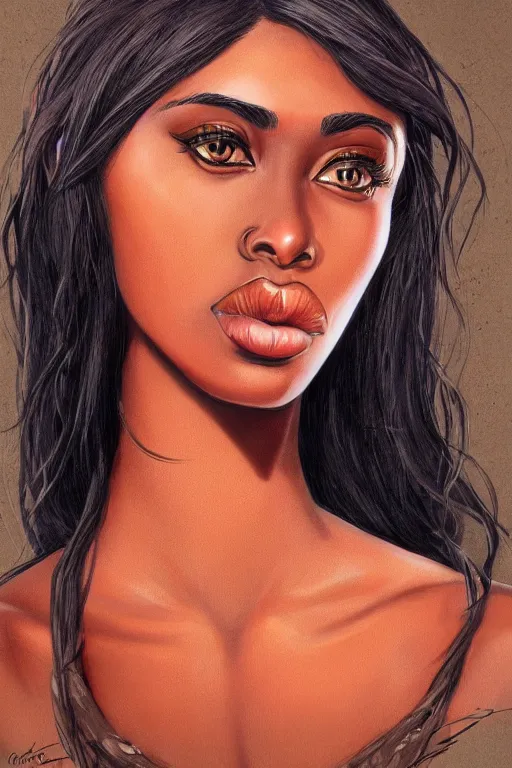 Image similar to A bust of a beautiful dark skinned Dominican Republic girl with large lips and smooth eyebrows and straight hair, HD, illustration, epic, fantasy, intricate, elegant, amazing detail, digital painting, artstation, concept art, smooth, sharp focus, illustration