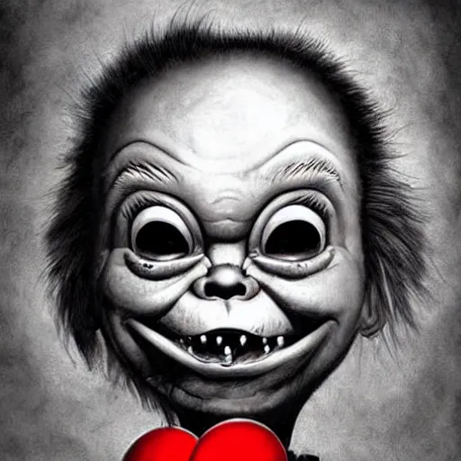 Prompt: surrealism grunge cartoon portrait sketch of chucky with a wide smile and a red balloon by - michael karcz, loony toons style, teddy bear style, horror theme, detailed, elegant, intricate