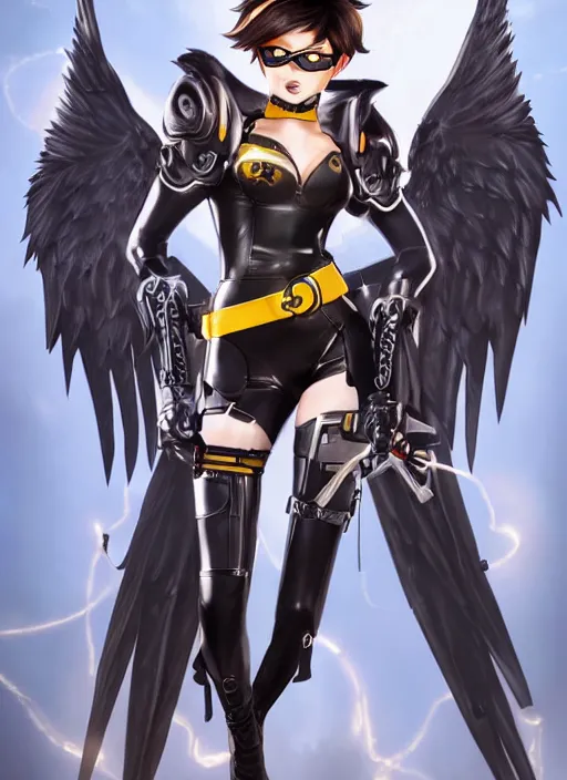 Image similar to full body artwork of tracer overwatch, wearing black latex outfit, in style of mark arian, angel wings, dramatic painting, wearing detailed leather collar, black shiny armor, chains, black harness, detailed face and eyes,