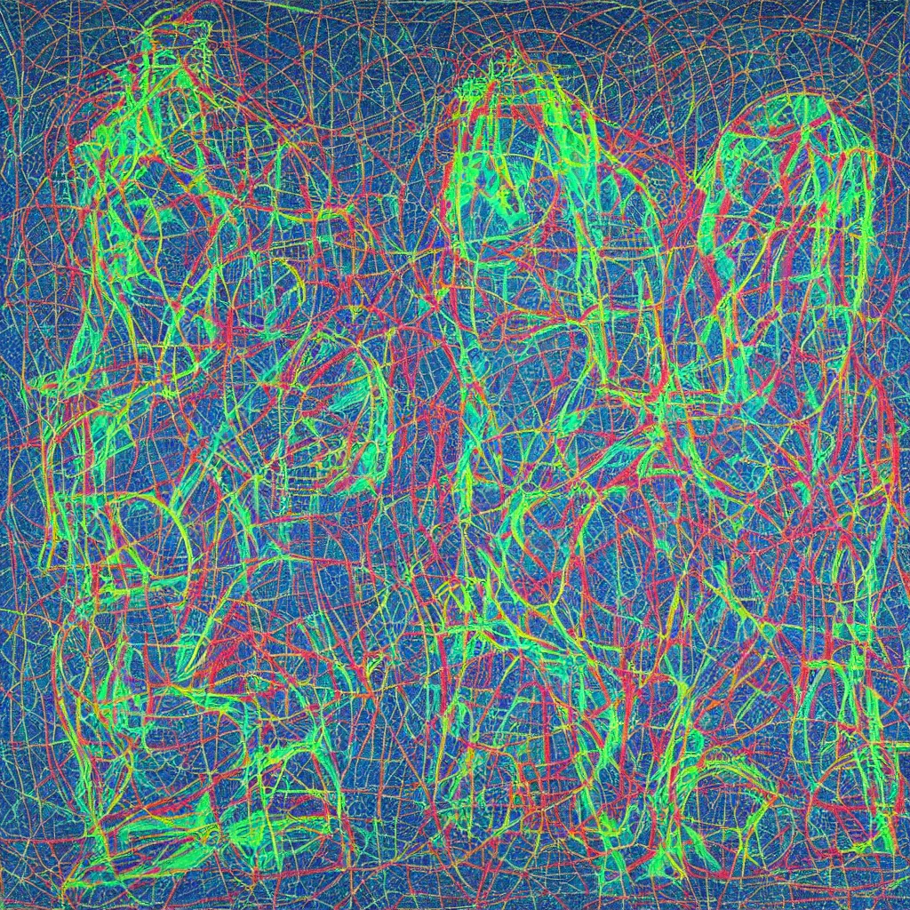 Image similar to two human figures anxiety, smiling, abstract, maya bloch artwork, ivan plusch artwork, cryptic, lines, stipple, dots, abstract, geometry, splotch, concrete, color tearing, uranium, acrylic, neon, pitch bending, faceless people, dark, ominous, eerie, minimal, points, technical, painting