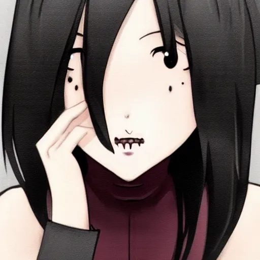 Prompt: girl with black hair, eyeless, no eyes, long bangs over face, anime style