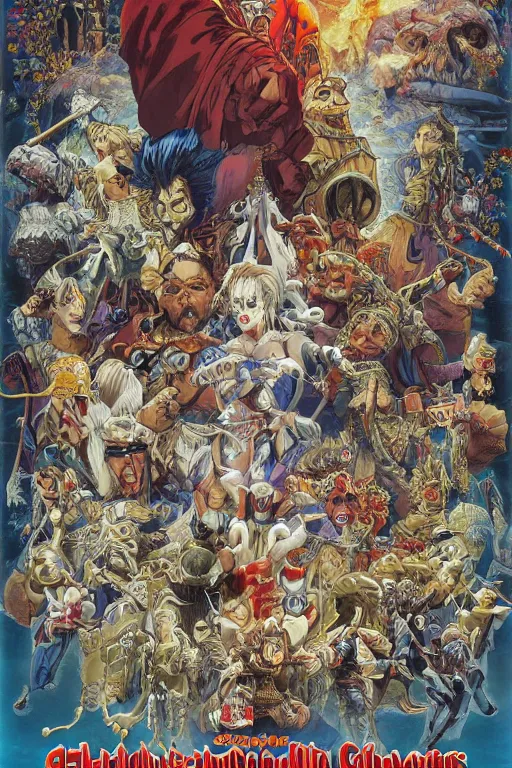 Prompt: Movie poster of Ghouls and Ghosts, Highly Detailed, Dramatic, A master piece of storytelling, wide angle, cinematic shot, highly detailed, cinematic lighting, by ilya repin + Hideaki Anno + Katsuhiro Otomo +Rumiko Takahashi, 8k, hd, high resolution print