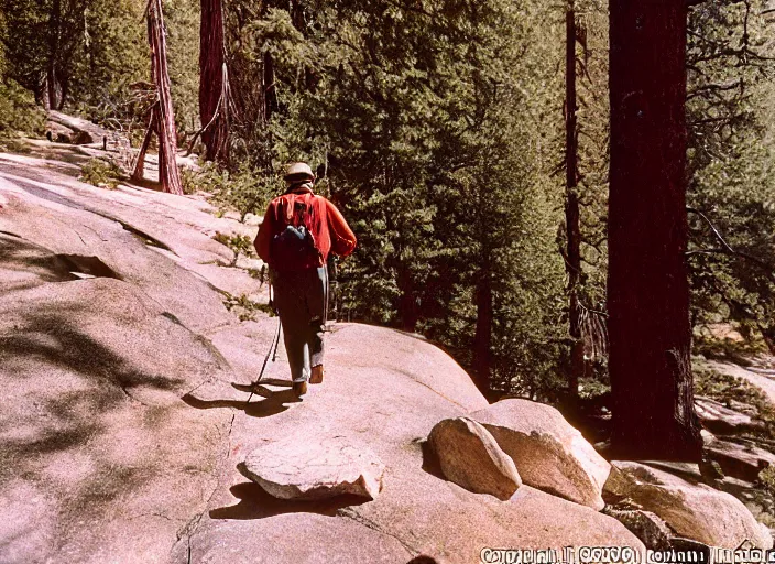 Image similar to a 2 8 mm macro kodachrome photo of a man hiking in yosemite national park in the 1 9 5 0's, seen from a distance, bokeh, canon 5 0 mm, cinematic lighting, film, photography, golden hour, depth of field, award - winning