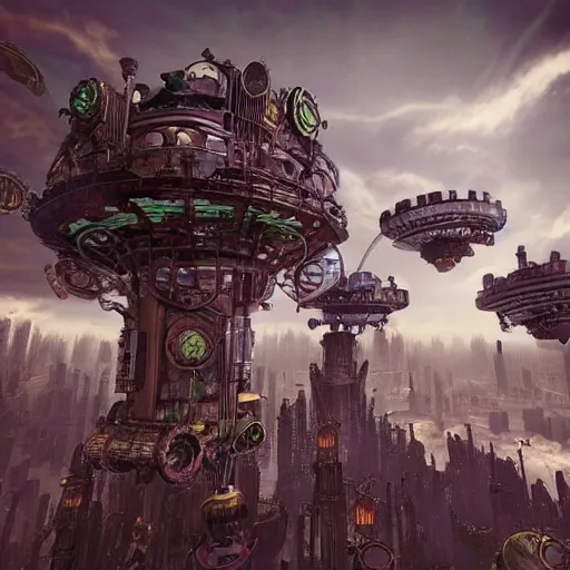 Image similar to flying city in a mechanical flower flower flower flower, sky, steampunk!!!, fantasy art, steampunk, masterpiece, unreal engine
