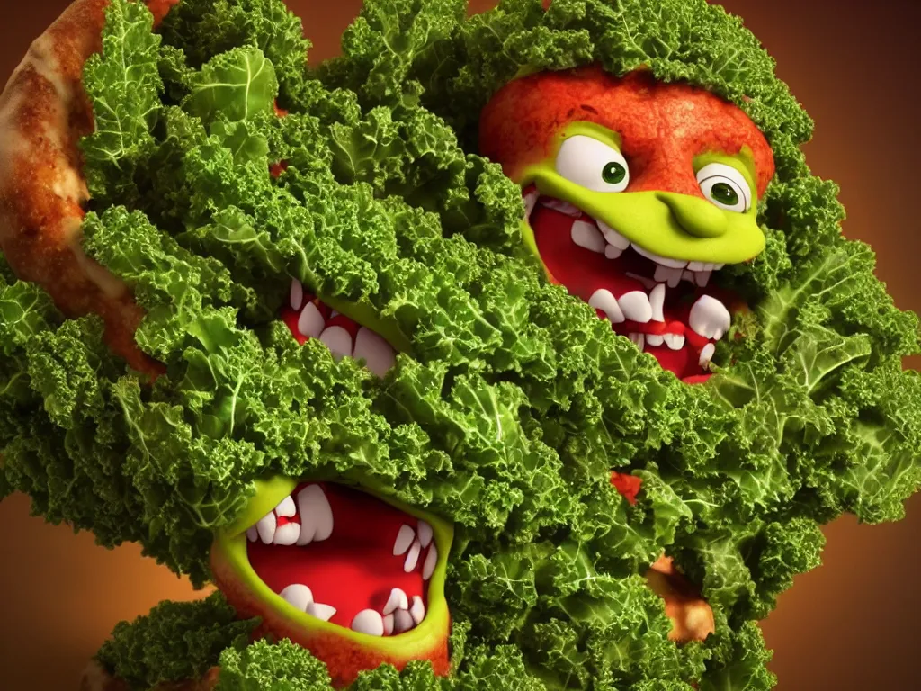 Image similar to highly detailed 3 d render of a raging mad angry kale character, as pizza topping, hyper realistic octane render, cinematic lighting, deviantart, lowbrow, surrealism, pixar still