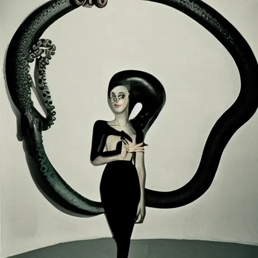 Image similar to A portrait of a beautiful cyberpunk girl with octopus, by Man Ray and Helmut Newton, fine art